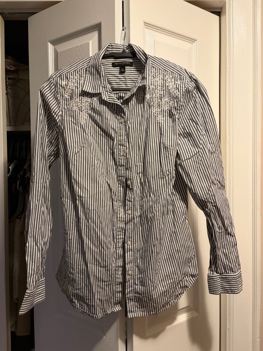 Banana Republic Navy/White Striped Button-Up Shirt with White Floral Embroidery